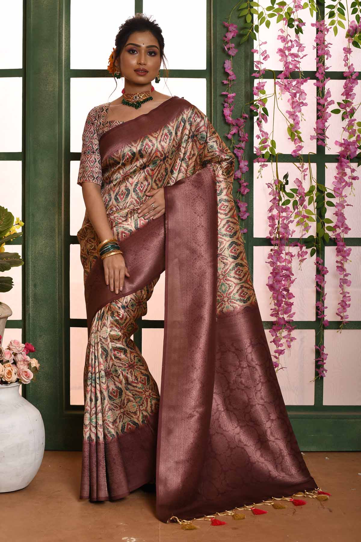 Buy Designer Wine Ikkat Print Saree Online